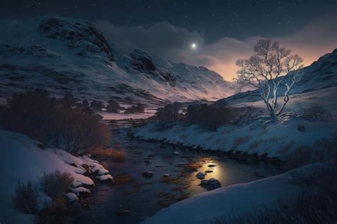 Premium Photo | Snow covered mountains with a river at night