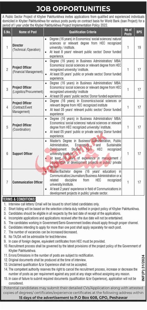 World Bank Loan Project KPK PO Box 608 Peshawar Jobs 2024 - JobsDaily.PK