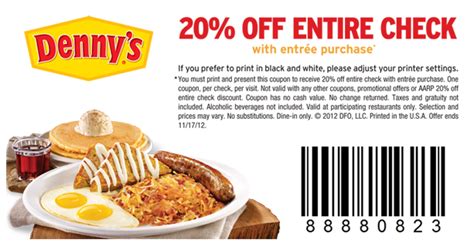 Dennys: 20% off Check Printable Coupon