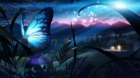 white and blue butterfly perched on grass illustration #anime #butterfly #1080P #wal… | Anime ...