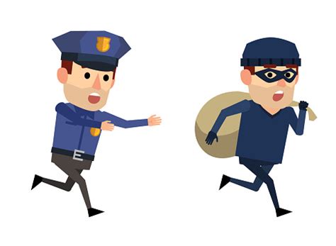 Funny Policeman And Thief Robber With Bag Running Away From Police Officer Stock Illustration ...