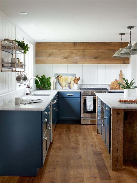 Blue Country Kitchen with Brown Island - Country - Kitchen