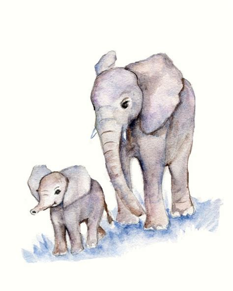 Elephants Mother and Baby Watercolor Print 11 by Marysflowergarden