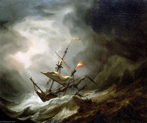 Une brigantine méditerranéenne dérivant sur a rocheux côte dans un Tempête, huile sur toile de ...