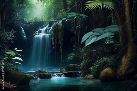 Waterfall forest nature tropical background. Jungle wallpaper. Generative ai. Stock Illustration ...