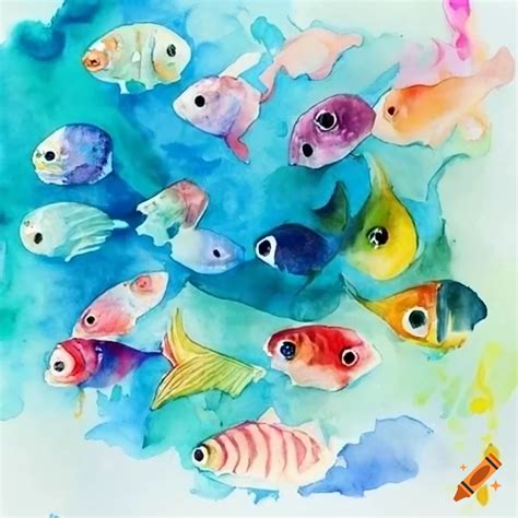 Watercolor painting of many tiny fishes on Craiyon