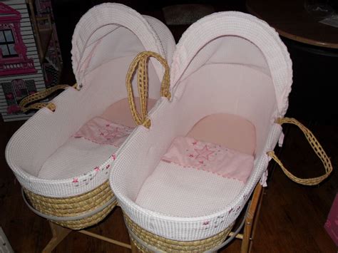 Twin Moses Baskets in Pink Complete With Mattresses, Rocking Stand & Bedding, Excellent ...