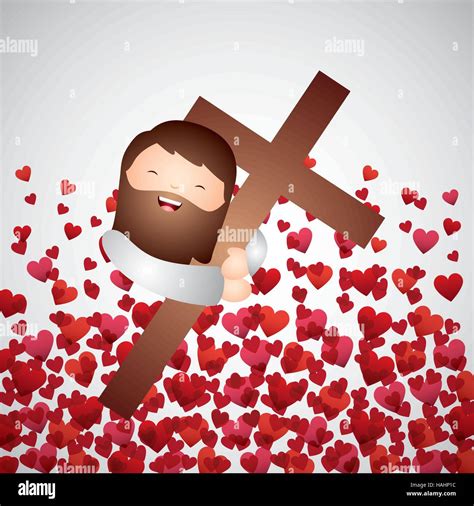 cartoon jesus man hugging a wooden cross over red hearts background. catholic love design ...