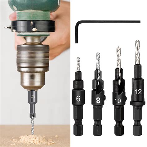 4pcs HSS Countersink Drill Bits Set Woodworking Reamer Chamfer Tool, 6/8/10/12mm Pre-Drill ...