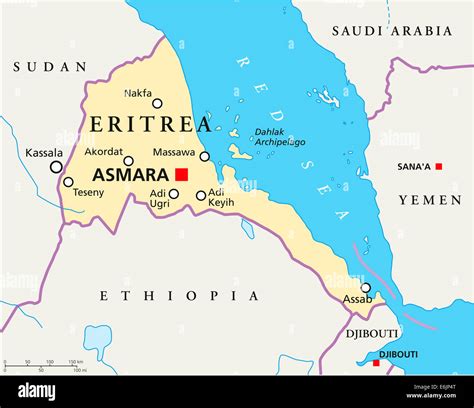 Eritrea Political Map with capital Asmara, national borders, most important cities, rivers and ...