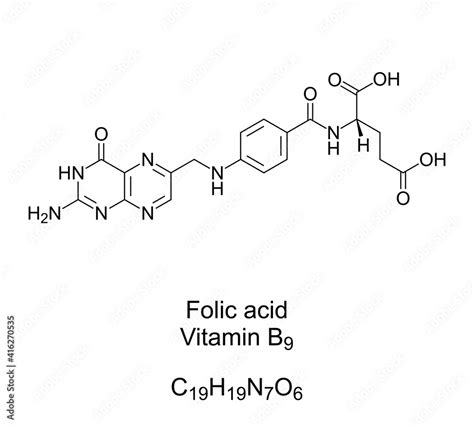 Folic acid, vitamin B9, chemical formula and structure. Converted by the body to folate. Used as ...