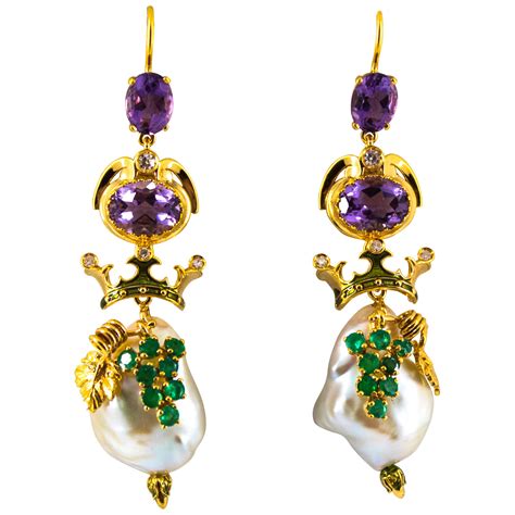 Art Nouveau Style White Diamond Amethyst Pearl Yellow Gold Stud Drop Earrings For Sale at 1stDibs