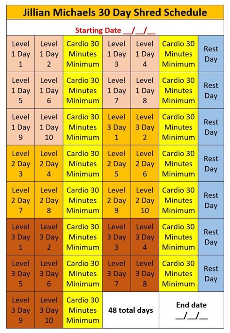 the ultimate 30 day shred schedule is shown in red and yellow, with dates for each