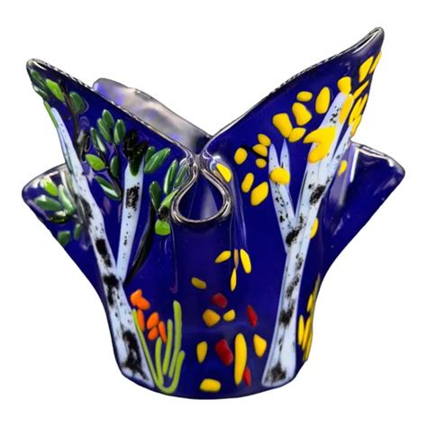 LARGE FUSED ART Glass Vase Hand Made Cobalt Blue Handkerchief Bowl Multicolor £134.51 - PicClick UK