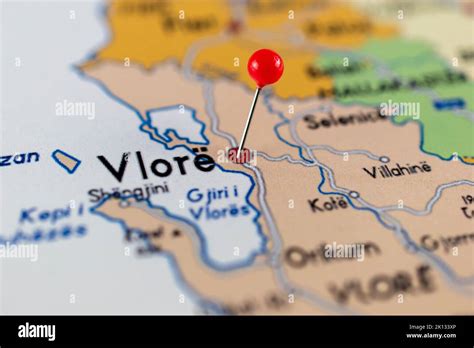 Vlora map. Close up of Vlora map with red pin. Map with red pin point ...