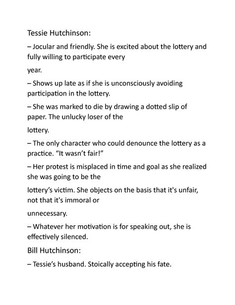 Characters analysis ans symboles of the lottery by SHERLEY JACKSON - Tessie Hutchinson: Jocular ...