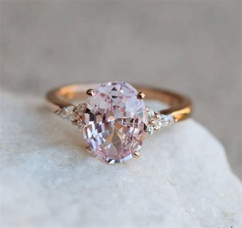 Blush sapphire engagement ring. Light peach pink sapphire oval diamond ring 14k Rose gold ...