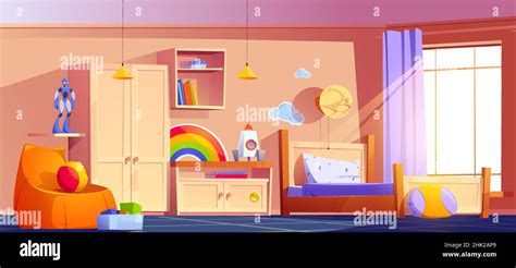 Boys bedroom with bed, bookshelf, cupboard, chair and toys box. Vector ...