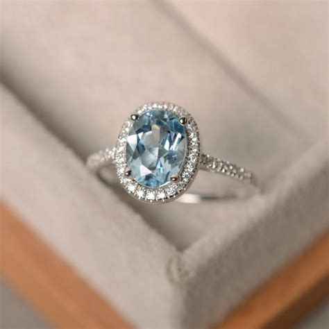 March Birthstone Aquamarine Ring, Sterling Silver, Halo Ring Gemstone, Engagement Ring #2558247 ...