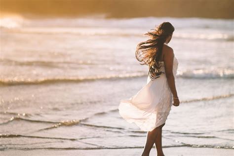 Woman White Dress Beach Sunset Royalty Free Photo