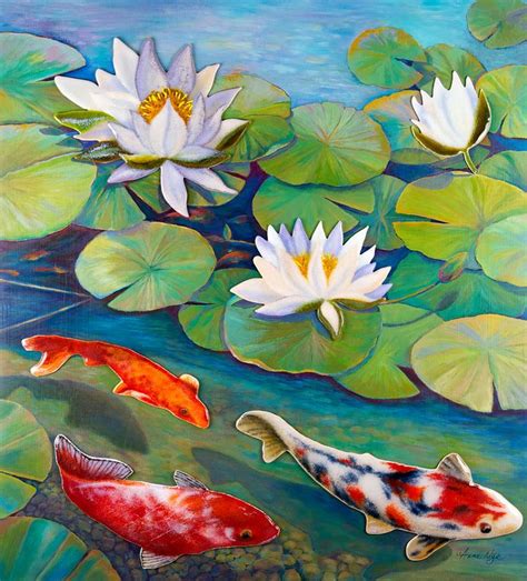 Water Lily Painting - Koi Pond by Anne Nye | Pond painting, Koi painting, Koi art