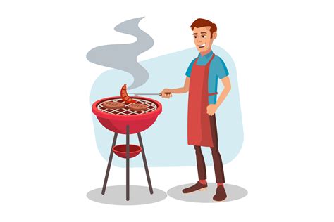 BBQ Cooking Vector. Man Cook Grill Meat On Bbq. Isolated Flat Cartoon Character Illustration By ...