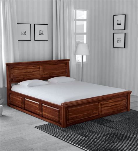 Buy Stanfield Sheesham Wood Queen Size Bed With Box Storage In Honey ...