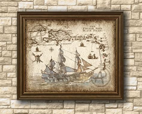 Black Pearl Pirate Ship Art Decor Sailing of Caribbean Map - Etsy ...