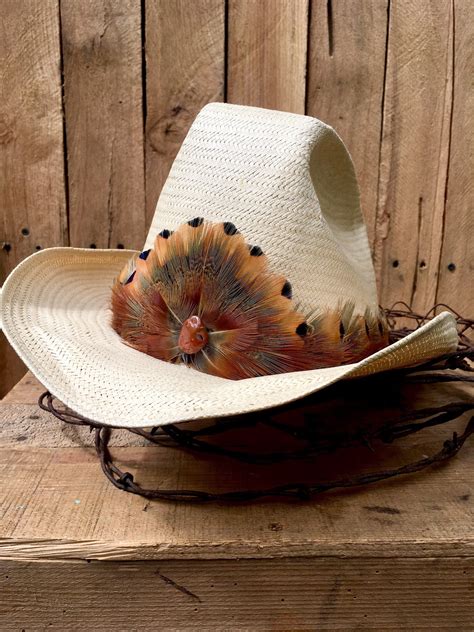 Cowboy Feather Hat Band with Pheasant feathers in golden brown | Etsy | Feather hat, Hat band ...