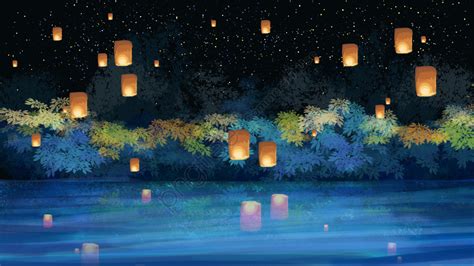 Zhongyuan Festival Festival Night View Kongming Lantern, Lake Surface ...