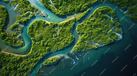 Premium AI Image | Aerial view of a river delta with lush green ...