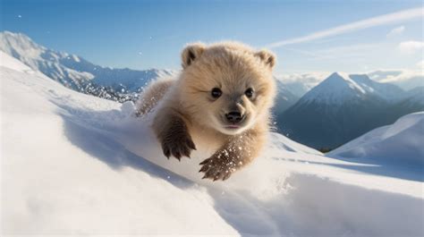 Bear cub playfully sliding down a snow-covered slope, joy evident in ...