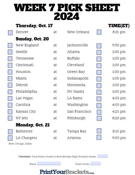 Fillable Week 7 NFL Pick'em Sheet - 2024