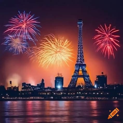 Illuminated eiffel tower with fireworks at night