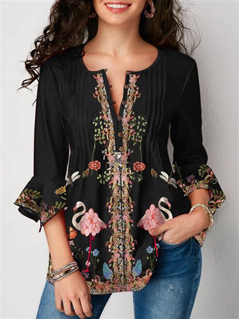 Printed pleated ruffle sleeve Blouses black-5XL in 2021 | Womens trendy tops, Trendy tops for ...