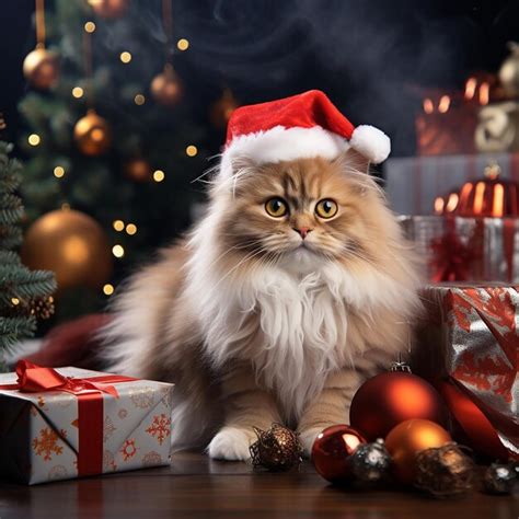 Premium AI Image | Cute cat wearing santa hat with christmas gifts ...