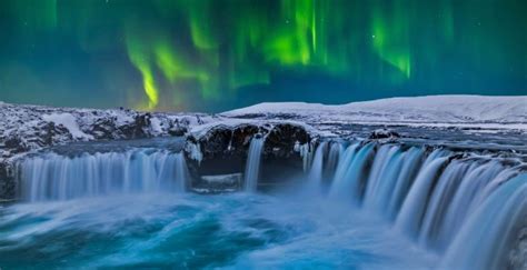 Wallpaper godafoss waterfall, under the northern lights, night, nature desktop wallpaper, hd ...