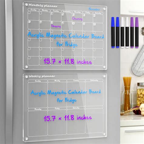 NPPLUS Acrylic Magnetic Monthly and Weekly Calendar for Fridge,2 Set Clear Magnetic Dry Erase ...