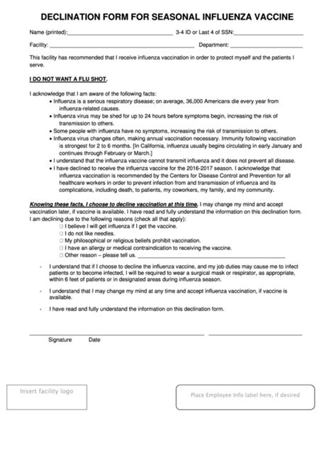 Declination Form For Seasonal Influenza Vaccine printable pdf download