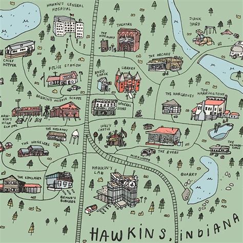 an illustrated map of the town of hawkin's island