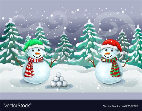 Christmas snowy scene with couple snowmen Vector Image