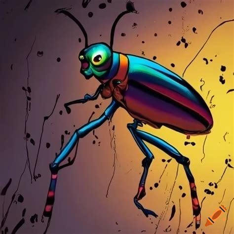 Colorful long-legged beetle in a dark comic illustration on Craiyon