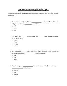 Multiple Meaning Words Quiz by CommonCorley | TPT