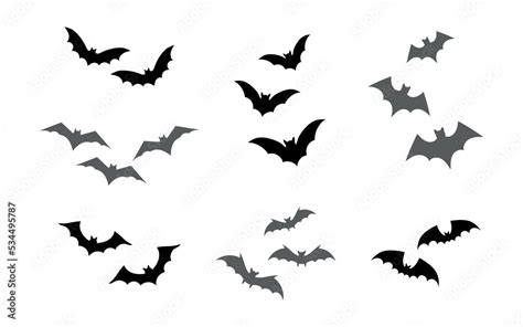 Set flying bats silhouette, isolated on white background. Vector illustration, traditional ...