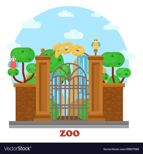 Zoo entrance with waterfall and parrots on tree vector image on ...