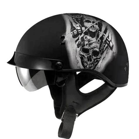 Harley Half Open Face DOT Motorcycle Helmet Skull Vintage Moto Helmets With Inner Visor ...