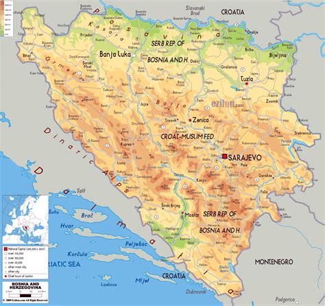 Large physical map of Bosnia and Herzegovina with roads, cities and airports | Bosnia and ...