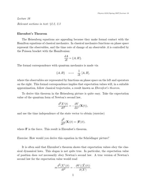 Ehrenfest’s Theorem | Hamiltonian Mechanics | Eigenvalues And Eigenvectors