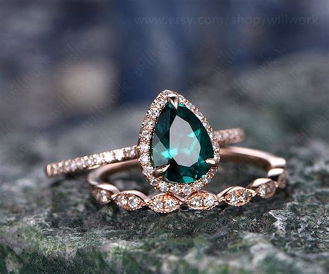 Green emerald engagement ring set rose gold emerald ring | Etsy