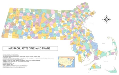 36x24in Poster Map of Massachusetts Cities, Towns and County Seats - Etsy